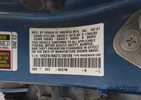 2007 Honda Civic Ex from USA, damaged, VIN 1HGFA16827L109189
